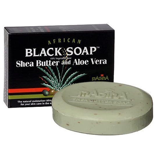 African Black Soap With Shea Butter & Aloe Vera by Madina 100% Vegetable Base 3.5 oz