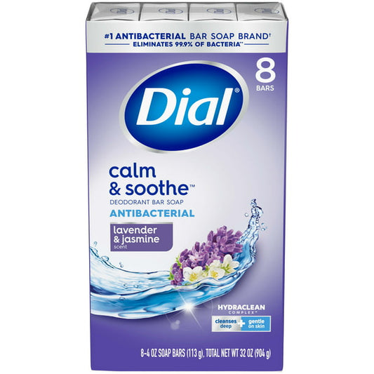 Dial Antibacterial Bar Soap, Calm & Soothe, Lavender & Jasmine Scent, 4 oz, 8 Bars