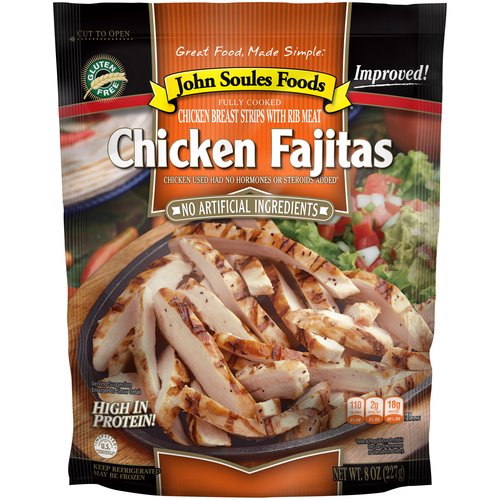 John Soules Foods Chicken Fajitas, 8 oz Chicken Breast Strips with Rib Meat Chic
