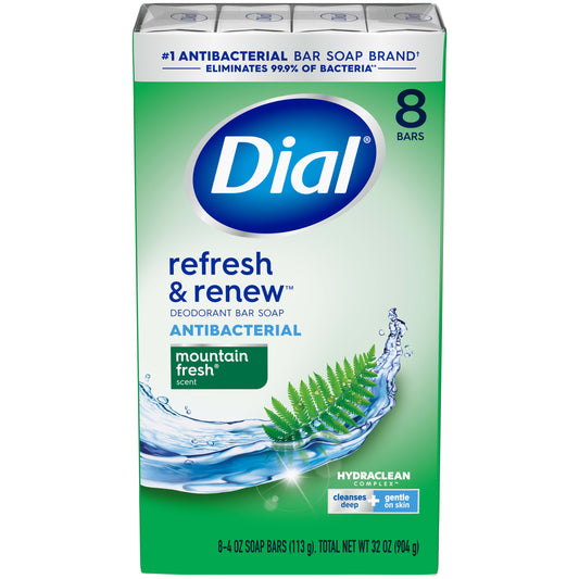 Dial Antibacterial Bar Soap, Refresh & Renew, Mountain Fresh, 4 oz, 8 Bars